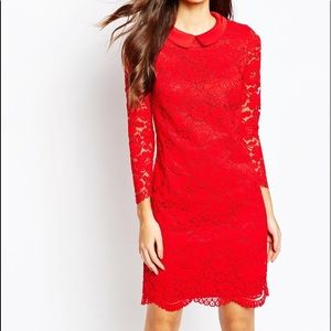 Ted Baker Size:0 Women's Floral Scalloped Lace Sheer Sleeve Collar Dress Red